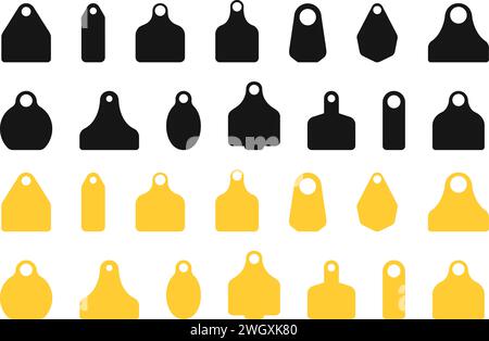 Ear tags for cattle. Set of blank black and yellow identification labels for farm animals. Collection of earmark mockups for livestock isolated on white background. Vector flat illustration Stock Vector