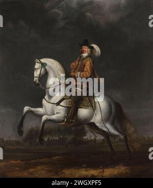 Portrait of Johan Wolfert van Brederode (1599-1655), Jan van Rossum (attributed to), 1640 - 1655 painting Portrait of Johan Wolphert van Brederode, on a white horse, galloping to the left. In the background a landscape with a castle between trees.  canvas. oil paint (paint)   Amerongen Stock Photo