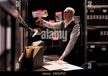 Elderly investigator working at criminal investigations case, analyzing evidence files in arhive room. Senior private detective checking criminology report, planning strategy to catch supect Stock Photo