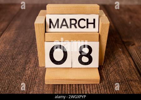 Women's day March 8 with wooden block calendar. Stock Photo