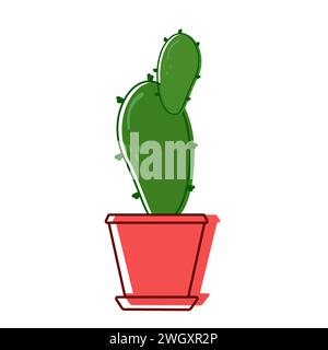 Green prickly cactus in red pot with offshoot. House plant with green prickles stands inside a house. Vector. Stock Vector