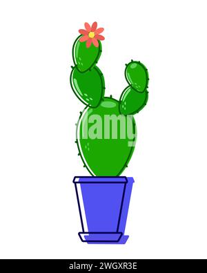 Green prickly cactus in a blue pot blooms a red flower. House plant with green prickles stands inside a house. Vector. Stock Vector