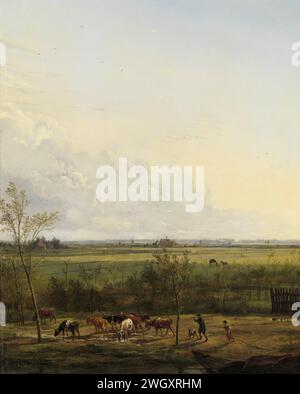 Distant View of the Meadows at 's-Graveland, Pieter Gerardus van Os, 1817 painting View over the meadows at 's-Graveland. In the foreground a cattle driver with a herd of cows near the waterfront. Behind it, the meadows with here and there stretch cattle or a house to the horizon. Pendant of SK-A-3230.  canvas. oil paint (paint)  cow. meadow, pasture 's-Graveland Stock Photo