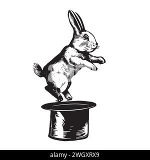 Rabbit jumping out of a top hat hand drawn sketch in doodle style Stock Vector