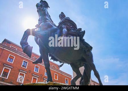 The worm's eye view of the equestrian statue of Alessandro Farnese on Cavalli Square, Piacenza, Italy Stock Photo