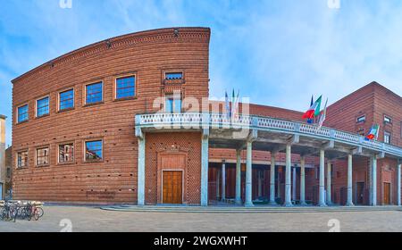 Panorama of the brick building of Museum of Violin and Auditorium Giovanni Arvedi hall, Cremona, Italy Stock Photo