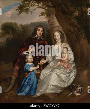 Portrait of Govert van Slingelandt (1623-1690), with his first wife Christina van Beveren (1632-1656) and Their two children, Jan Mijtens, 1657 painting Family portrait van Govert van Slingelandt, lord of Dubbeldam, pensioner van Dordrecht. With his first wife Christina van Beveren and their two sons Barthoud and Govert Johan van Slingelandt sitting under a tree in a landscape. The eldest son has a bunch of grapes in his hands. The youngest son is sitting on his lap with his mother and blows. On the right a dog.  canvas. oil paint (paint)   Dordrecht Stock Photo