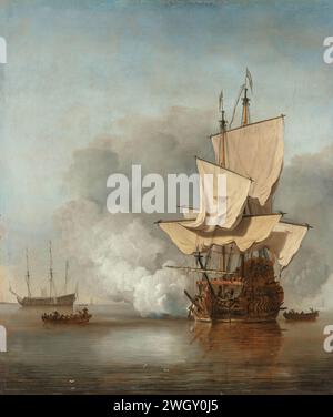The Cannon Shot, Willem van de Velde (II), c. 1680 painting The cannon shot. A warship in wind silence with weak sails dissolves a cannon shot. Two sloops on both sides, another warship in the distance, with ironed sailing. Pendant of SK-A-1848.  canvas. oil paint (paint)  sailing-ship, sailing-boat. cannon shots (military salute) Stock Photo
