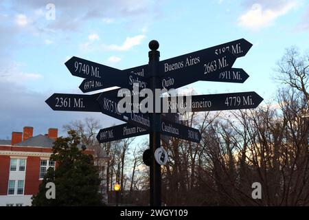 International Distance Signs on University Campus Stock Photo