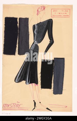 Mystery, 1938 - 1940  Black crepe and black velor chiffon. Light blouring body with split in the middle, wide shoulders and close -fitting long sleeves. The front of the body and the top of the skirt look like gray or white. At the waist a belt (?). The skirt is wrinkled on the fiddled part and falls clocking. Bottom left the name. At the top right stamp fashion house Jeanne Lanvin. To the left of the image a steel navy blue crepe and a steel black velvet chiffon; To the right of the image a steel black crepe and a steel black velor chiffon. Paris paper. pencil. gouache (paint) brush fashion p Stock Photo