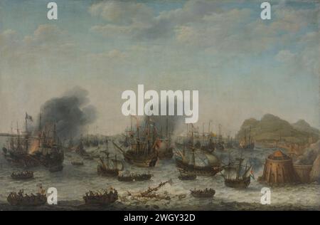 The Defeat of the Spanish at Gibraltar by a Dutch Fleet under the Command of Admiral Jacob van Heemskerck, 25 April 1607, Adam Willaerts, 1639 painting Sea battle with the victory over the Spaniards near Gibraltar by a fleet under the command of Jacob van Heemskerck, April 25, 1607. The sea off the coast is full of warships that shed each other, some ships are on fire. In the foreground, the crew of a sunken ship tries to save itself in sloops.  canvas. oil paint (paint)  battle (+ sailing-ships) Street of Gibraltar Stock Photo