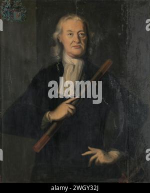 Mattheus de Haan (1725-1729), Anonymous, 1726 painting Portrait of Mattheus de Haan (1663-1729). Governor General (1725-29). Standing, halfway, commanda cafe in the right hand, the left hand in the side. At the top left the family crest. Part of a series of portraits of the Governors General of the former Dutch East Indies. Batavia panel. oil paint (paint)  baton of general. historical persons. colonial governor Stock Photo