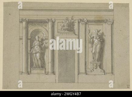Design for a wall decoration with two allegorical figures, James Thornhill, c. 1685 - c. 1734 drawing   paper. graphite (mineral). ink pen / brush / brush Stock Photo