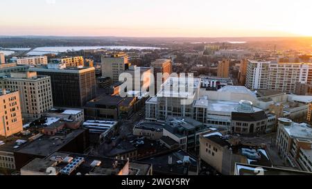 Aerial photograph of sunset over Madison, Wisconsin on a beautiful winter evening. Stock Photo