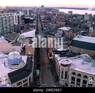 Aerial photograph of sunset over Madison, Wisconsin on a beautiful winter evening, looking down State Street. Stock Photo