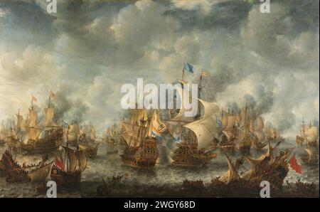 The Battle of Terheide, Jan Abrahamsz. Beerstraten, 1653 - 1666 painting Sea battle at Terheide on August 10, 1653, during the first English war. In the middle the fight between the 'Brederode', the flagship of Marten Harmensz. Tromp, and the English flagship 'Resolution' under the command of Admiraal Monk.  canvas. oil paint (paint)  battle (+ naval force). sailing-ship, sailing-boat. Battle of Scheveningen Ter Heijde Stock Photo