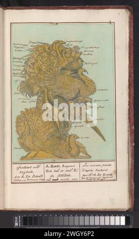 Allegory of the Air, Anselmus Boëtius de Boodt, after Giuseppe Arcimboldo, 1596 - 1610 drawing Allegory of the element air. Head of a man in profile, made up of all kinds of different birds, to Arcimboldo. Cut out and glued. The Dutch names later added to the magazine. Part of the first album with drawings of birds. Third of twelve albums with drawings of animals, birds and plants known around 1600, commissioned by Emperor Rudolf II. With explanation in Dutch, Latin and French. Prague paper. watercolor (paint). deck paint. ink brush / pen air (one of the four elements). birds Stock Photo