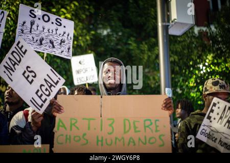 Madrid, Spain. 06th Feb, 2024. A protester carries a placard expressing his opinion during a rally. The Madrid neighborhood of Lavapies have commemorated the one year of tragedy of El Tarajal where in the early hours of February 6, 2014, more than 250 people of sub-Saharan origin tried to enter Ceuta through El Tarajal beach and were repelled by the Civil Guard, and 15 people died and other 23 were returned to Morocco. Credit: SOPA Images Limited/Alamy Live News Stock Photo