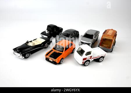 Selection of Hot Wheels toy cars on white background – Wales, UK  –  6 February 2024 Stock Photo