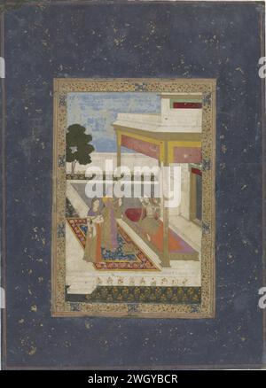 Bilaval ragini, anonymous, 1760 Indian miniature. drawing A woman in a gallery of a palace makes a toilet while her servant stops a mirror and is a second servant next to it. The show is framed by a thin decorative edge of flower vines on gold and dark blue filigrein motifs, around it a wide decorative edge of dark blue with gold dicked and thin lines of red and gold. Deccan Presentation: Paper brush Stock Photo