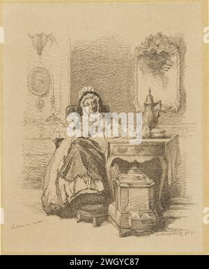 Reading old lady, Alexander Hugo Bakker Korff, 1871 drawing   paper. ink pen reading Stock Photo