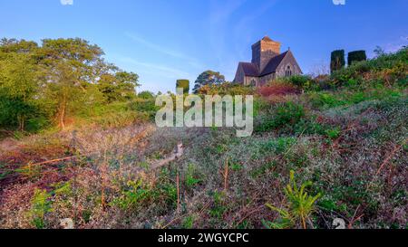 Guildford, UK - May 28, 2023:  Sunrise at St Martha's Church, Surrey Hills, UK Stock Photo