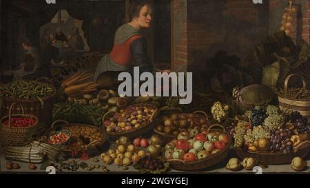 Still Life with Fruit and Vegetables, with Christ at Emmaus in the background, Floris Gerritsz van Schooten, c. 1630 painting Still life with fruits and vegetables with Christ and the Emmausgoers in the background. In the foreground of a kitchen are all kinds of vegetables (asparagus, broad beans, peas, carrots, artichokes, cucumbers, beets, a pumpkin, green coal, onions and turnips) and fruit (apples, cherries, gooseberries, apricots, pears, berries, berries Raspberries and grapes), displayed in baskets. Two girls are working in the kitchen. Behind it, the Biblical scene can be seen behind th Stock Photo