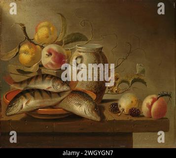 Still Life with Earthenware Jar, Fish and Fruit, Harmen Steenwijck, 1652 painting Still life with earthen jug, three fish on an earthenware colander, fruits on a wooden box and a few peaches and berries; On the right a butterfly and a caterpillar. Pendant of SK-A-1529.  panel. oil paint (paint)  still life of miscellaneous objects. foodstuffs; still life of foodstuffs Stock Photo