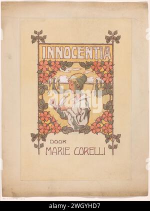Band design for: Marie Corelli, Innocentia: Dream life and reality (Innocence), 1915, Anonymous, in Or Before 1915 drawing A woman stands in a landscape with corn sheaves with a white pigeon on her hand. The show is surrounded by a flower wreath.  paper. ink. watercolor (paint). deck paint. pencil pen / brush ear of corn. other birds: dove. flowers Stock Photo