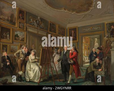 The Art Gallery of Jan Goldemeestest Jans Jansz, Adriaan de Lily, 1794 - 1795 painting The art gallery of Jan Gildemeester Jansz in his house on Herengracht in Amsterdam. Interior with a group of guests who view the paintings present. In the middle Jan Gildemeester Jansz with a visitor with glasses. On the left a woman sitting behind a donkey. The room is decorated with paintings by Jacob de Wit. More paintings in another room are visible through the door. Those present include Pieter Fouquet, C.R.T. Krayenhoff, the painters Adriaan de Lelie (kneeling on the right in the foreground) and Jurria Stock Photo