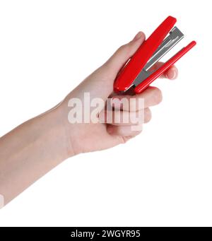 Woman holding red stapler on white background, closeup Stock Photo