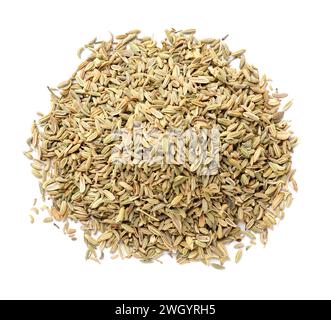 Pile of dry fennel seeds isolated on white, top view Stock Photo