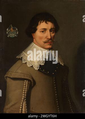 Portrait or Nicolaas de Witte (1603-29), Anonymous, 1629 painting Portrait of Nicolaas de Witte (1603-29). Bust to the right, with Wambuis and Halsberg. At the top left the family crest. Northern Netherlands canvas. oil paint (paint)  historical persons Stock Photo