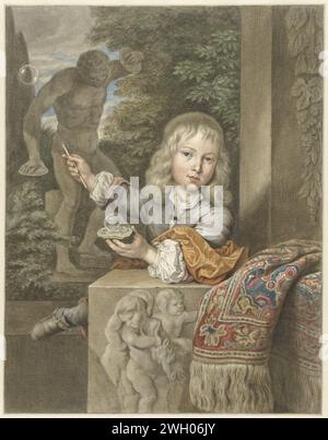 Call blowing boy, Abraham Delfos, After Caspar Netscher, 1741 - 1820 drawing   paper. chalk. watercolor (paint) brush (children or putti) blowing bubbles, 'Homo Bulla'  scene symbolizing 'Vanitas' Stock Photo
