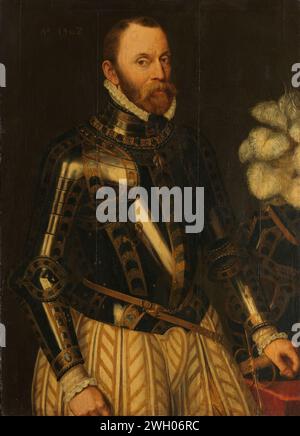 Portrait of Philippe de Montmorency, Count of Horne, Admiral of the Netherlands, Member of the Council of State, Anthonis Mor (copy after), 1562 painting Portrait of Philiipe de Montmorency, Graaf van Horne, Admiraal of the Netherlands and member of the Council of State. Hippiece in armor, standing to the right, the helmet with feathers on a table on the right side. The left hand on the hide of the sword. Around the neck a gold chain with the emblem of the Order of the Golden Fleece.  panel. oil paint (paint)  historical persons Brussels. Torlative Stock Photo