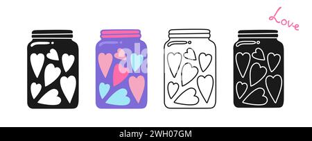 Glass jar of hearts line icon, cartoon symbol doodle stamp set. Hand drawn charity and donation concept. Love and valentines day. Simple symbol sign for infographic, website, app or logo Vector Stock Vector