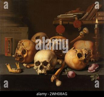 Vanits Still Life, Aelbert Jansz. van der Schoor, 1640 - 1672 painting Vanitas still life with skulls, bones, roses, an hourglass and a burning candle on a stone table or plinth. A shelf with documents with stamps and books against the wall.  canvas. oil paint (paint)  'Vanitas' still life. death's head, skull (symbol of Death). hourglass Stock Photo