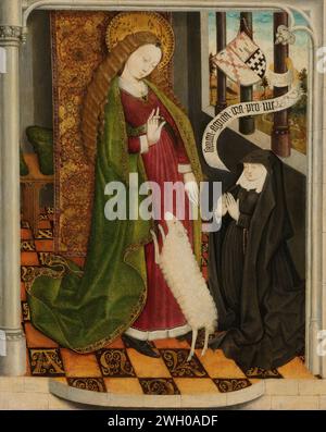 Geertruy Haeck Kneeling in Prayer before Saint Agnes, anonymous, c. 1465 painting The founder Geertruy Haeck-van Slingelandt van der Tempel (ca. 1425-1467) kneeling in prayer for the holy Agnes with a lamb. At the top right in front of the window a banderole with text and the family crest. Northern Netherlands panel. oil paint (paint)  the virgin martyr Agnes of Rome; possible attributes: lamb, ring - specific aspects  female saint. historical persons - BB - woman Stock Photo
