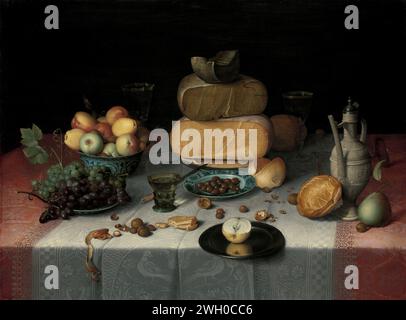 Still Life With Cheese, Floris Claesz van Dijck, c. 1615 painting Still life with cheeses. On a table with rugs of white Linnamast and pink silk is in the middle a pewter bowl with three cheeses, for that a Chinese plate with nuts or olives and a pewter plate with a cut half apple. On the right is a jug of Siegburgs Steengoed, on the left a Chinese bowl with apples and a pewter plate with white and blue grapes. Furthermore, a Roemer, a few glasses, a sandwich, a knife, a cabbage and a pear.  panel. oil paint (paint)  laid table as still life. cheese Stock Photo