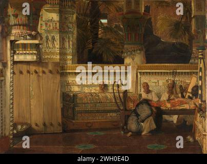 The Egyptian Widow, Lourens Alma Tadema, 1872 painting Interior of an Egyptian temple with a kneeling mourning widow. Priests sing and play harp with the body of the deceased.  panel. oil paint (paint)  mourning the dead. widow. Egyptian religion Stock Photo