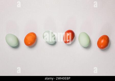 Row of naturally colored eggs, blue and red, natural farming, easter concept Stock Photo