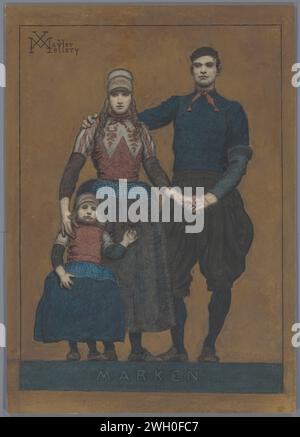 The Holy Family, Marken, Xavier Mellery, c. 1889 drawing A couple on Marken with their daughter on the left, frontally depicted in traditional costume in red, white, blue and black. The spouses have each other's left hand, his right hand rests on her shoulder; The woman's right hand rests on the girl's shoulder. The figures are outlined with powerful contours and placed against a golden background. The ground chalk. paint (coating). cardboard brush Stock Photo