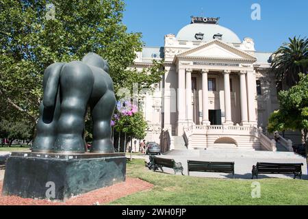 Fernando Botero's renowned equine sculpture, juxtaposed against the backdrop of the Museum of Fine Arts Stock Photo