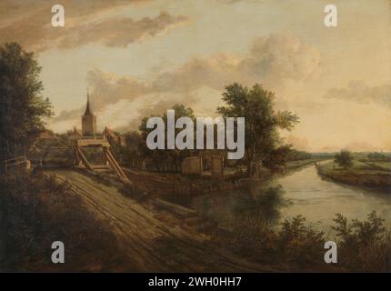 Landscape with rolling bridge, anonymous, c. 1660 painting Landscape with Overtoom. On the right a channel next to a meadow, on the left the Overtoom with a village in the background. In the foreground a path with deep cart tracks. Northern Netherlands canvas. oil paint (paint)  public road in village. rolling bridge (Dutch: 'overtoom') Stock Photo