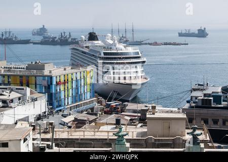 Valparaiso's iconic port welcomes majestic cruise ships. Stock Photo