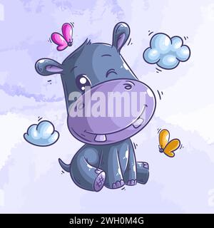 Cute hippo is sitting cartoon vector Stock Vector
