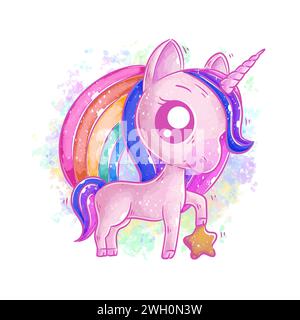 Cute unicorn is in front of rainbow cartoon vector Stock Vector