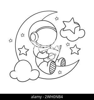 Astronaut is reading a book on the moon for coloring Stock Vector