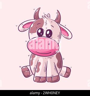 Cute cow sitting alone cartoon style vector Stock Vector