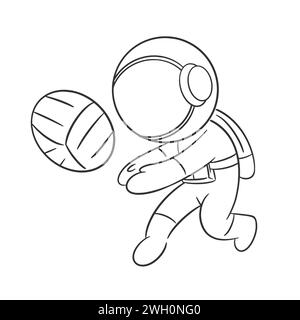 Astronaut in high spirits playing volleyball for coloring Stock Vector